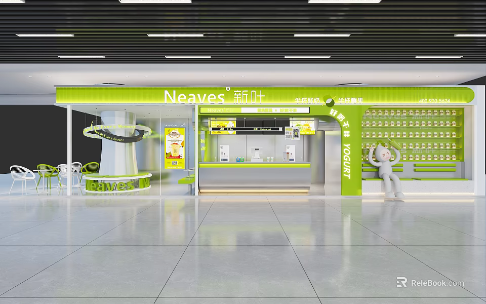 Neaves Modern Milk Tea Shop Interior With Green Design Counter And Seating Area 3d model 