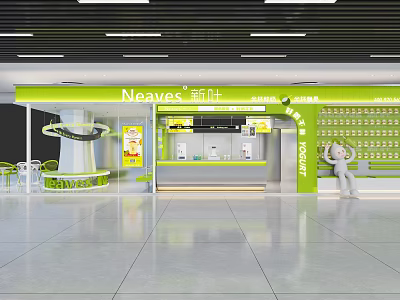 Neaves Modern Milk Tea Shop Interior With Green Design Counter And Seating Area 3d model