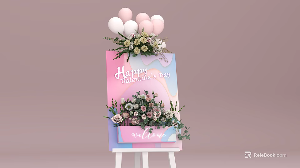 Valentine's Day Decorative Setup With Balloons Flowers And Welcome Sign 3d model 