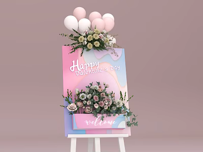 Valentine's Day Decorative Setup With Balloons Flowers And Welcome Sign 3d model