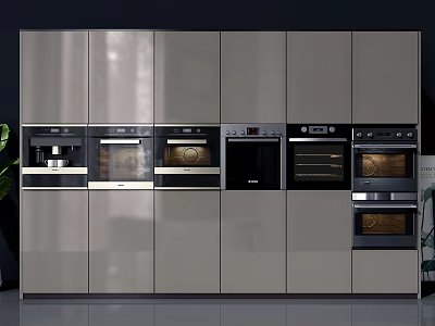 Modern Gray Kitchen Cabinets With Built In Ovens Coffee Maker And Appliances 3d model