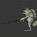 Spiked Head Shark Humanoid Game Character With Green Skin Sharp Teeth And Trident Weapon