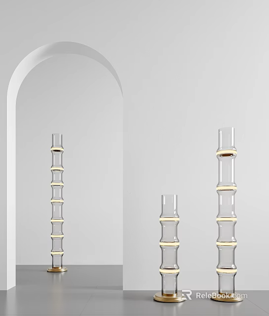 Three Transparent Glass Floor Lamps With Golden Ring Decorations And White Arched Mirror 3d model 