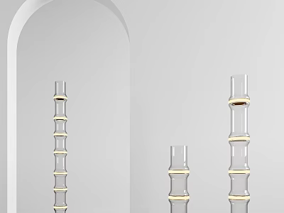 Three Transparent Glass Floor Lamps With Golden Ring Decorations And White Arched Mirror 3d model
