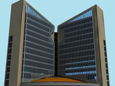 Modern Symmetrical High Rise Office Building With Circular Connecting Section And Orange Roof 3d model