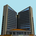 Modern Symmetrical High Rise Office Building With Circular Connecting Section And Orange Roof