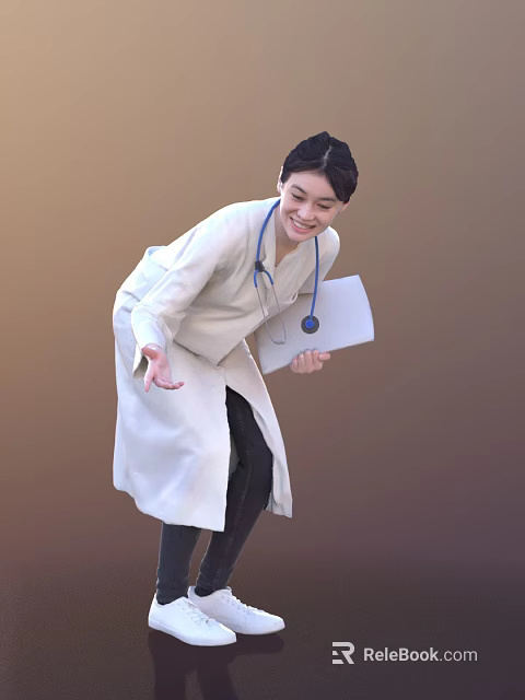 Smiling Woman Doctor In White Coat With Stethoscope Holding Folder And Extending Hand 3d model 
