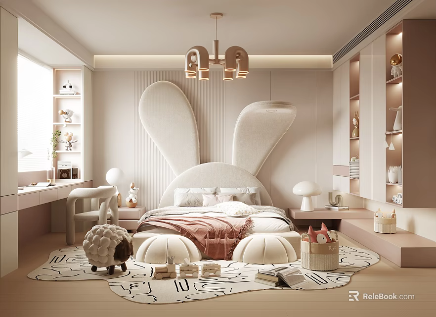 Kids Room Interior With Rabbit Ear Headboard Bed Chandelier Desk Carpet And Toys 3d model 