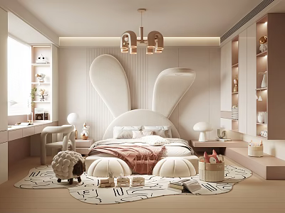 Kids Room Interior With Rabbit Ear Headboard Bed Chandelier Desk Carpet And Toys 3d model