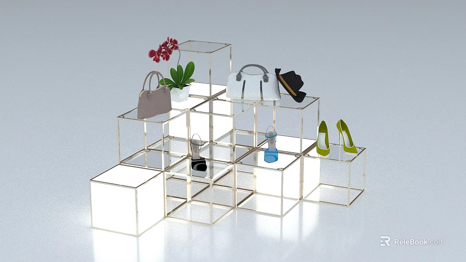 Transparent Cube Display Shelves with Bags Shoes Vase and Green Plant 3d model 