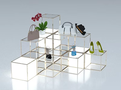Transparent Cube Display Shelves with Bags Shoes Vase and Green Plant 3d model