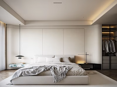 Modern Minimalist Bedroom Interior With Large Bed Beige White Tones Bedside Lamps And Curtains 3d model