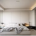 Modern Minimalist Bedroom Interior With Large Bed Beige White Tones Bedside Lamps And Curtains