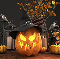 Halloween Decorative Ornament Set With Jack o Lanterns Witch Hat Lanterns Fall Leaves And Crow