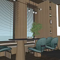 Modern Restaurant Interior Open Concept with Dining Table Chairs Pendant Lights and Window Blinds 3d model