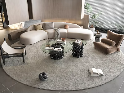 Modern Beige Curved Sofa and Glass Coffee Table with Armchair Rug and Plants in Living Room 3d model