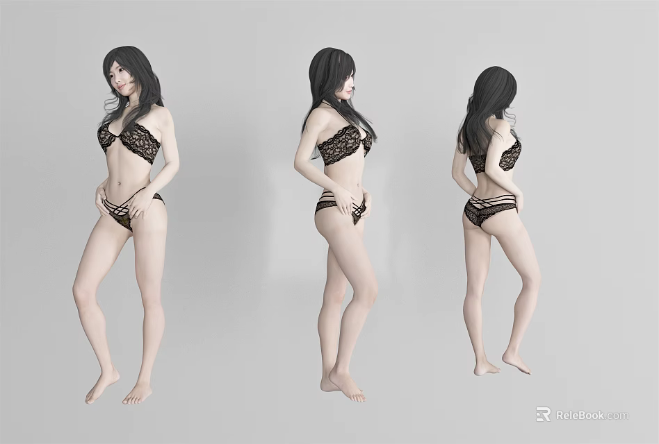 Woman Wearing Black Lace Lingerie In Three Different Poses Front Side Back 3d model 