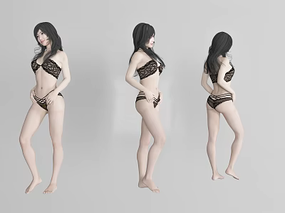 Woman Wearing Black Lace Lingerie In Three Different Poses Front Side Back 3d model