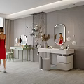 Modern White Dressing Table Interior With Round Mirror Greenery And Pendant Lights