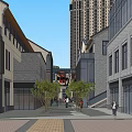 Traditional Modern Commercial Street With Multi storey Buildings Green Spaces And Pedestrian Plaza