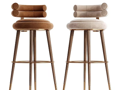 Modern Design Bar Stools With Brown And Beige Velvet Upholstery Gold Metal Legs Round Backrest 3d model