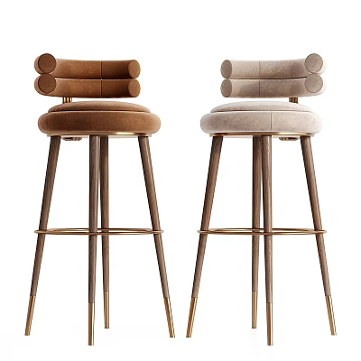 Modern Design Bar Stools With Brown And Beige Velvet Upholstery Gold Metal Legs Round Backrest 3d model