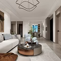 Modern Living and Dining Room Interior With TV Sofa Striped Chair Rug And Chandelier