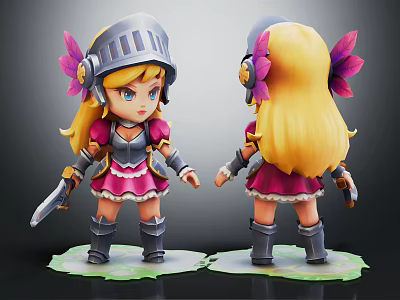 Cute Girl Knight Character With Silver Helmet Blonde Hair And Pink Dress Holding Sword 3d model