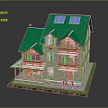 Cartoon Style Wooden House with Green Roof Solar Panels Balconies Small Plants and White Fence