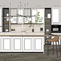 Modern Restaurant Kitchen Interior With White Cabinets Island Counter Pendant Lights And Bar Stools