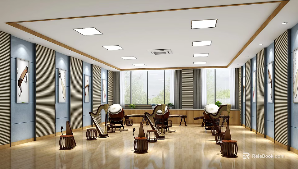 School Music Classroom Interior With Traditional Musical Instruments Chairs Wooden Floors And Large Windows 3d model 
