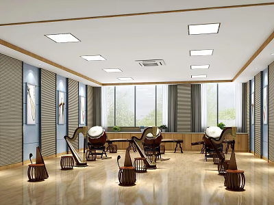 School Music Classroom Interior With Traditional Musical Instruments Chairs Wooden Floors And Large Windows 3d model