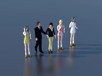 Group of Five People With Green Hair And Colorful Dresses Standing Together 3d model