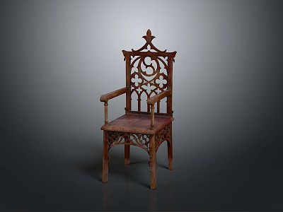 Antique Wooden Armchair With Intricate Carved Backrest Ornate Armrests And Decorative Spire Top 3d model