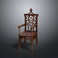 Antique Wooden Armchair With Intricate Carved Backrest Ornate Armrests And Decorative Spire Top
