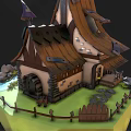 Cartoon Scene Of Floating Island With Quirky House Tilted Roof Watermill And Wooden Fence