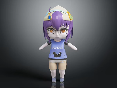 Purple Haired Cartoon Character With Bear Pattern On Blue T shirt And Headphones Hat 3d model