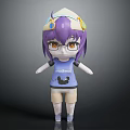 Purple Haired Cartoon Character With Bear Pattern On Blue T shirt And Headphones Hat