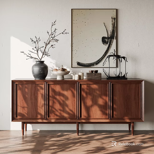 Wooden Entryway Cabinet Sideboard With Vase Branches Candles Frame Wall Art And Natural Light Shadows 3d model 