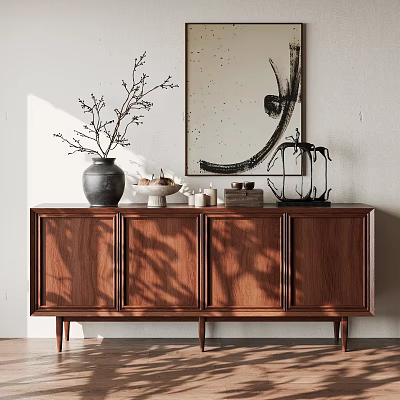 Wooden Entryway Cabinet Sideboard With Vase Branches Candles Frame Wall Art And Natural Light Shadows 3d model