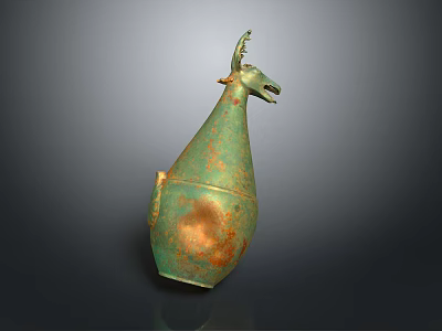 Ancient Bronze Goat Head Sculpture With Green Patina And Traditional Design 3d model