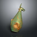 Ancient Bronze Goat Head Sculpture With Green Patina And Traditional Design