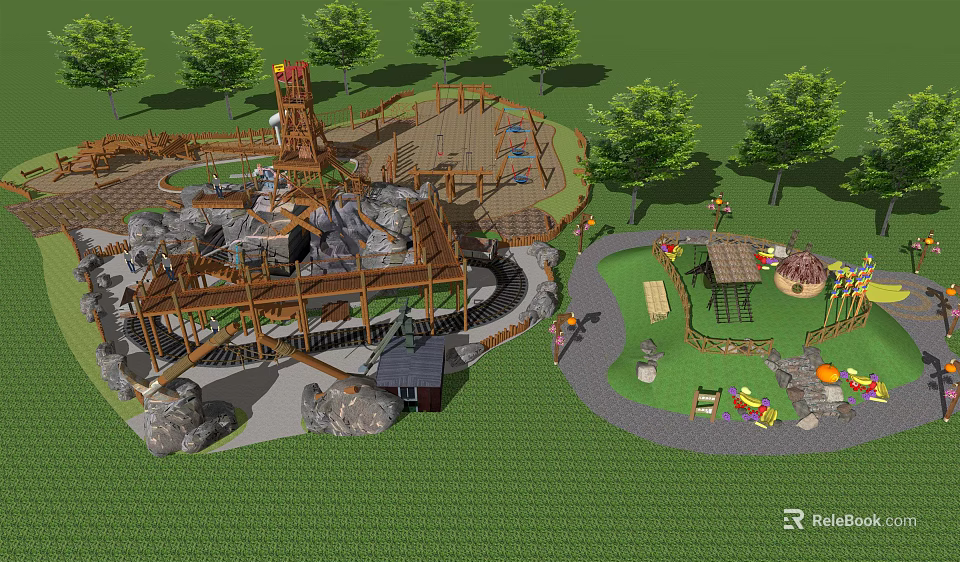 Children's Outdoor Playground Featuring Wooden Climbing Structure Slide And Green Grass Area 3d model 