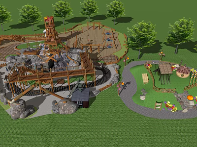 Children's Outdoor Playground Featuring Wooden Climbing Structure Slide And Green Grass Area 3d model
