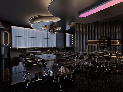 Modern Bar Interior Design With Stylish Lighting Sleek Counter And Leather Chairs 3d model