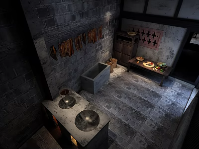 Rustic Hotel Room Interior With Brick Wall Wooden Cabinet Stone Sink And Vegetables 3d model