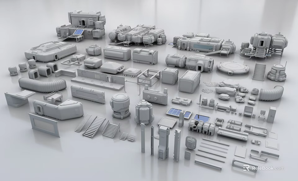 Gray Mechanical 3D Model Parts With Sci Fi Design Elements And Components 3d model