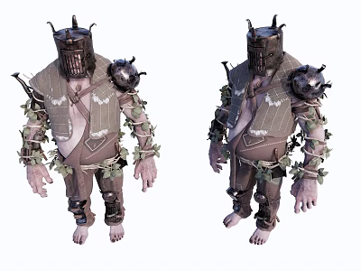 Game Movie Character With Metal Helmet Tattered Striped Outfit Vine Wrapped Arms And Metal Armor 3d model