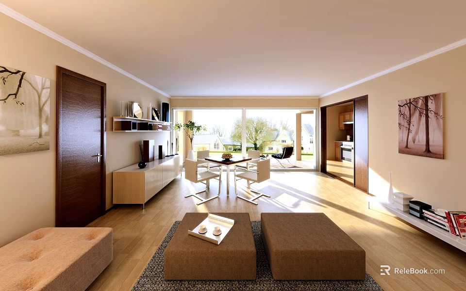 Modern Dining Room Interior With Open Space Dining Table Chairs And Natural Light 3d model 