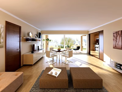 Modern Dining Room Interior With Open Space Dining Table Chairs And Natural Light 3d model